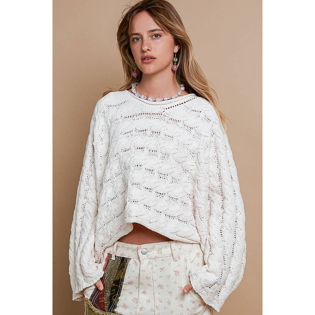 Round neck semi cropped knitted solid sweater