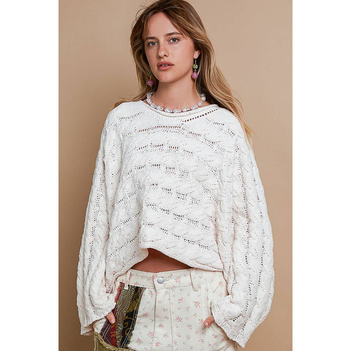 Round neck semi cropped knitted solid sweater
