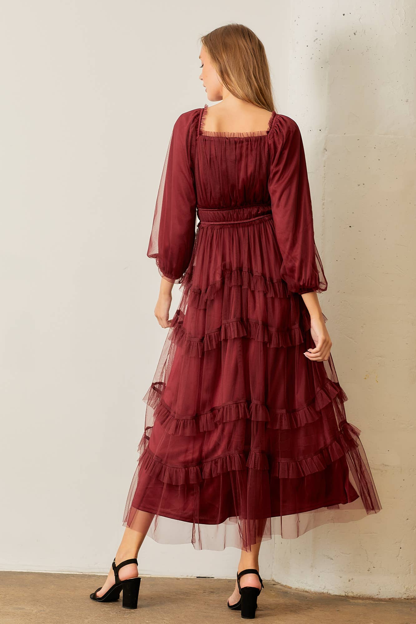 Sheer Ruffle Tiered Tulle Long Sleeve Dress