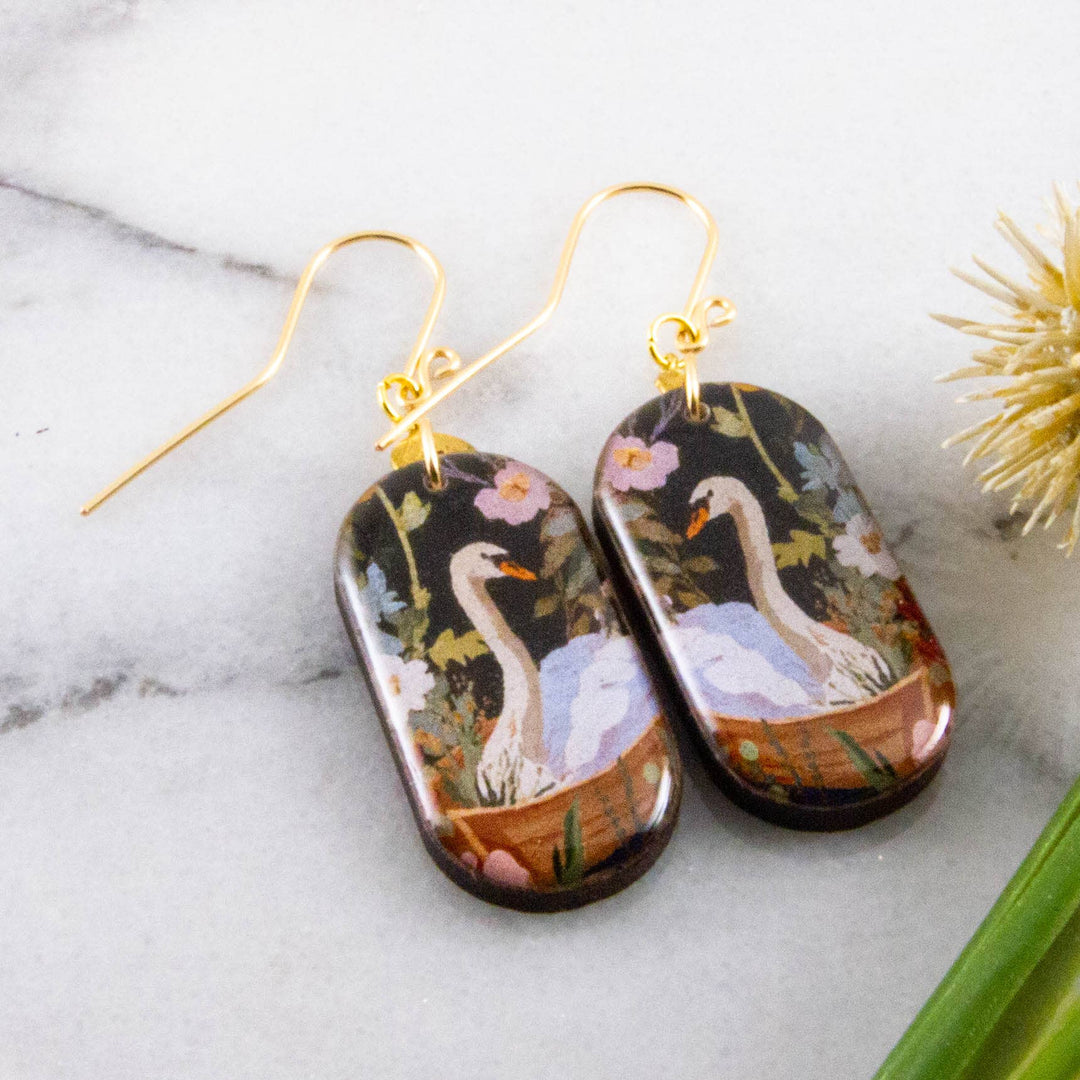 Vintage painted swan oblong wooden earrings with pastel garden florals, brass leaf accents and gold-filled ear wires