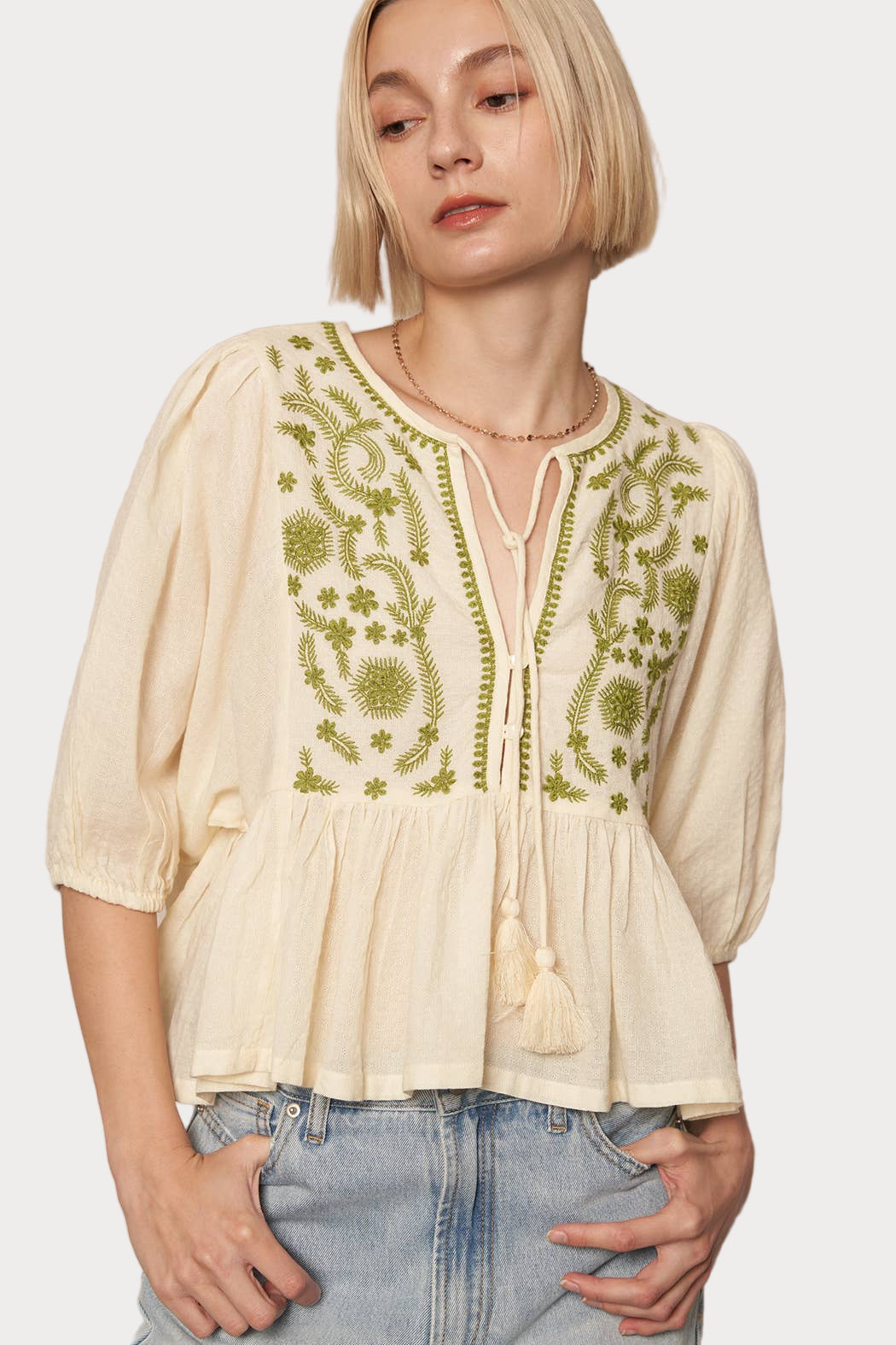 Boho Embroidered Peplum Top | Cream & Green Tie-Neck Blouse