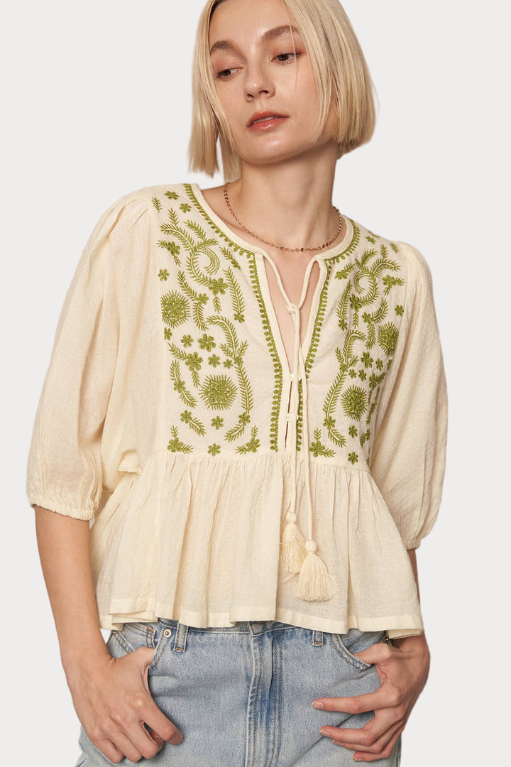 Boho Embroidered Peplum Top | Cream & Green Tie-Neck Blouse