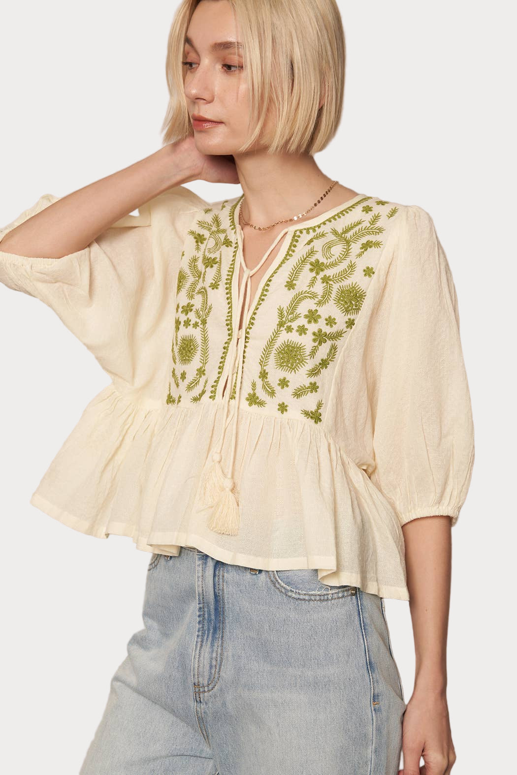 Boho Embroidered Peplum Top | Cream & Green Tie-Neck Blouse