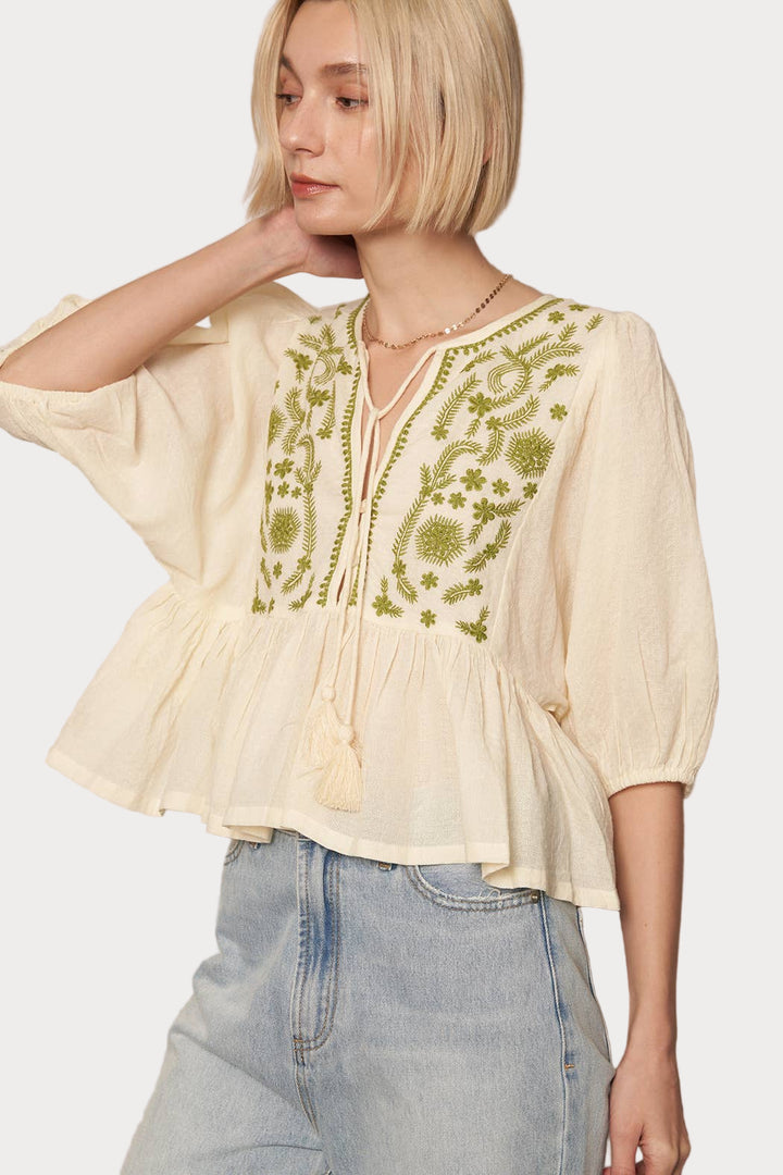 Boho Embroidered Peplum Top | Cream & Green Tie-Neck Blouse