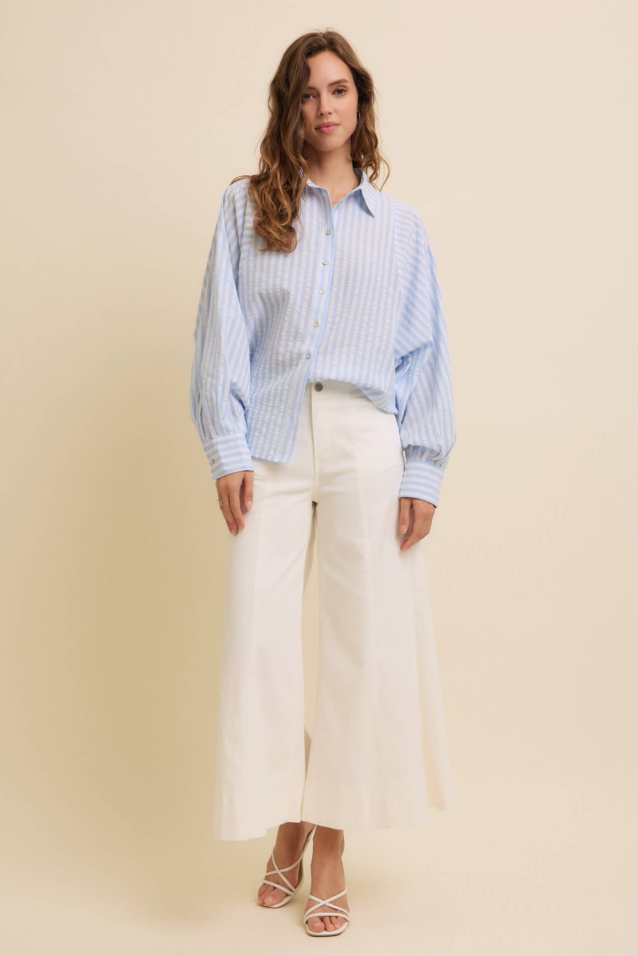 VOLUMINOUS SLEEVED BUTTON-DOWN COTTON STRIPE SHIRT