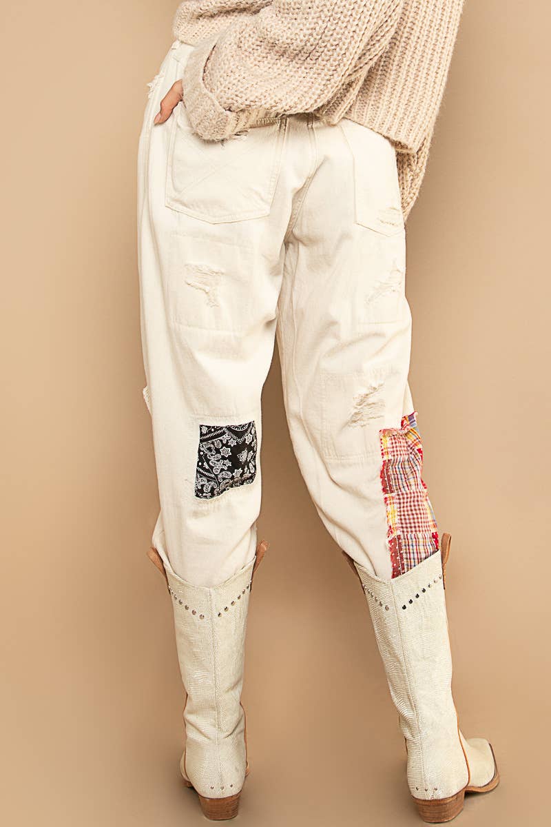 Patch work detail ankle length denim pants