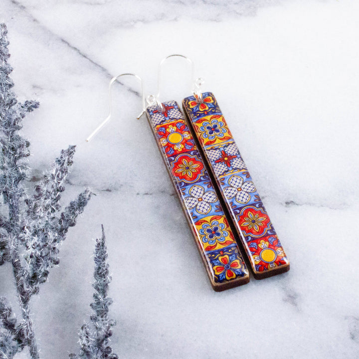 Vintage Mexican Talavera tile wooden bar earrings with colorful red blue and yellow floral pattern