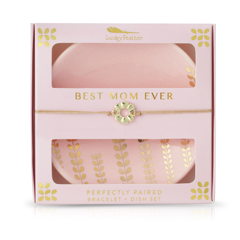 Best Mom Ever bracelet and trinket dish gift set with pink floral design and gift-ready packaging