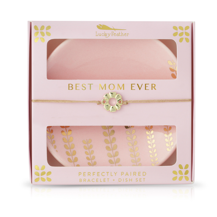 Best Mom Ever bracelet and trinket dish gift set with pink floral design and gift-ready packaging
