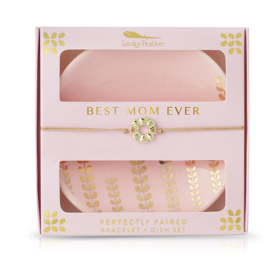 Best Mom Ever bracelet and trinket dish gift set with pink floral design and gift-ready packaging