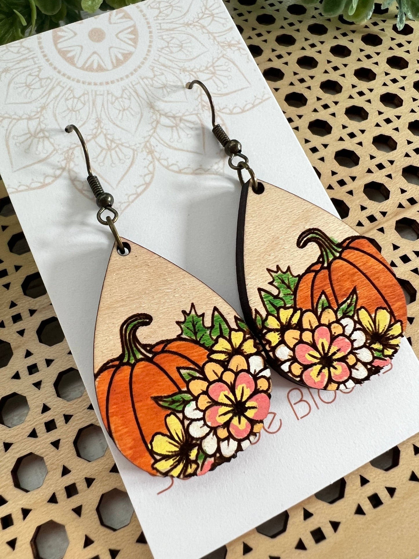 Wooden Earrings - Floral Pumpkin