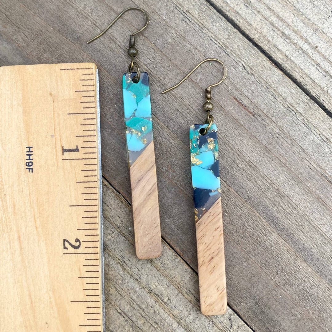 Aqua Gold Bohemian Earrings Long Boho Dangle Wood Resin