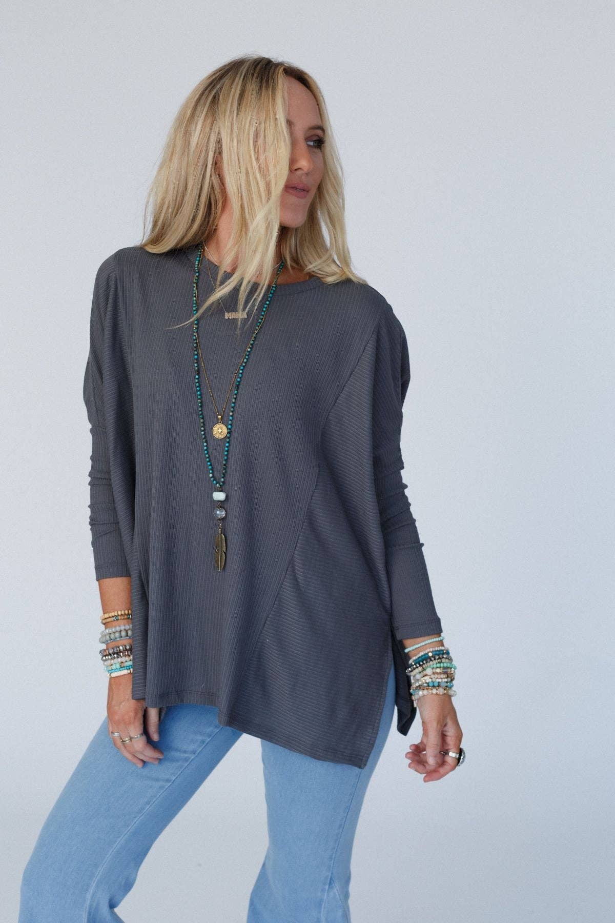 Rosemary Contrast Long Sleeve Top - Charcoal