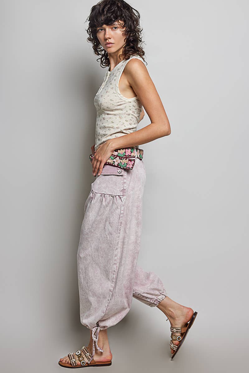 Floral Buttons Shirred Twill Wide Leg Jogger Pants