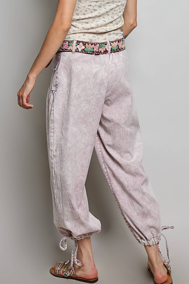Floral Buttons Shirred Twill Wide Leg Jogger Pants