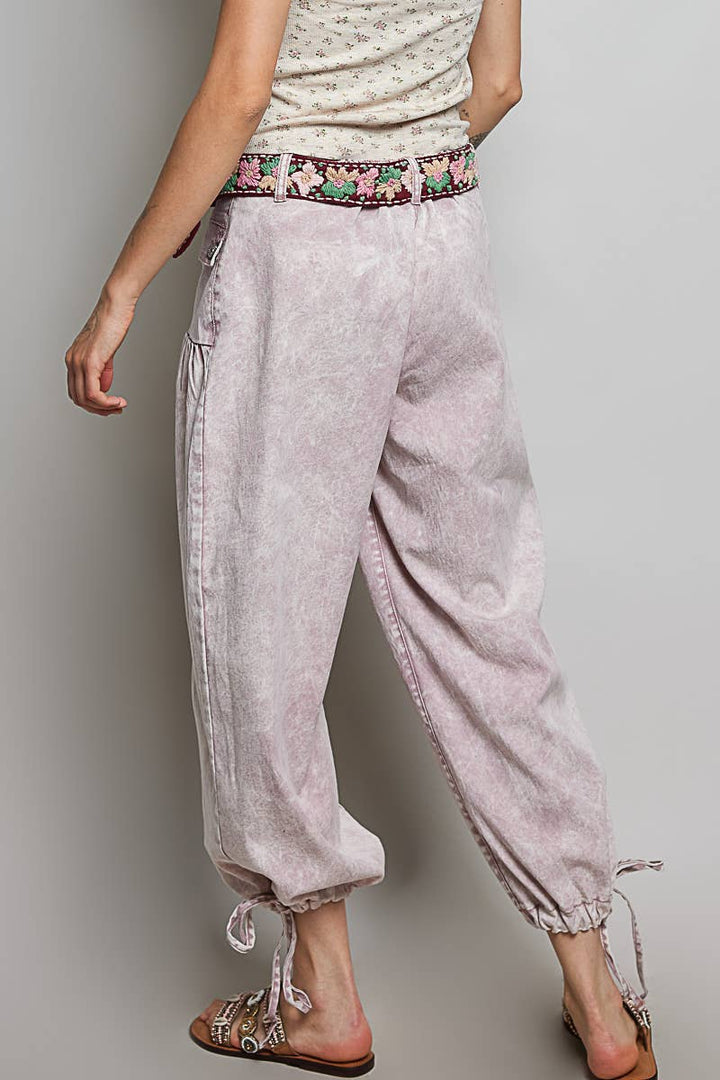 Floral Buttons Shirred Twill Wide Leg Jogger Pants