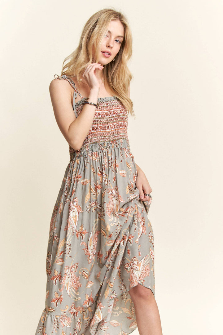 Boho maxi dress with paisley print and smocked bodice
