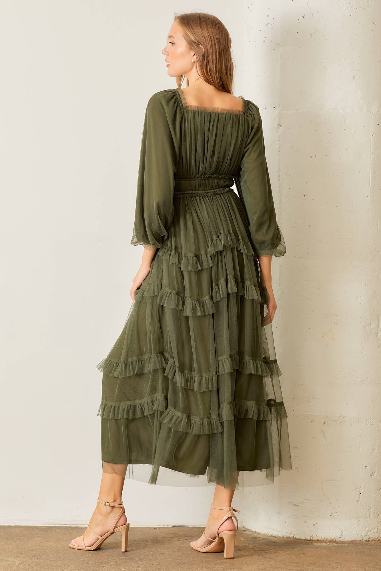 Sheer Ruffle Tiered Tulle Long Sleeve Dress