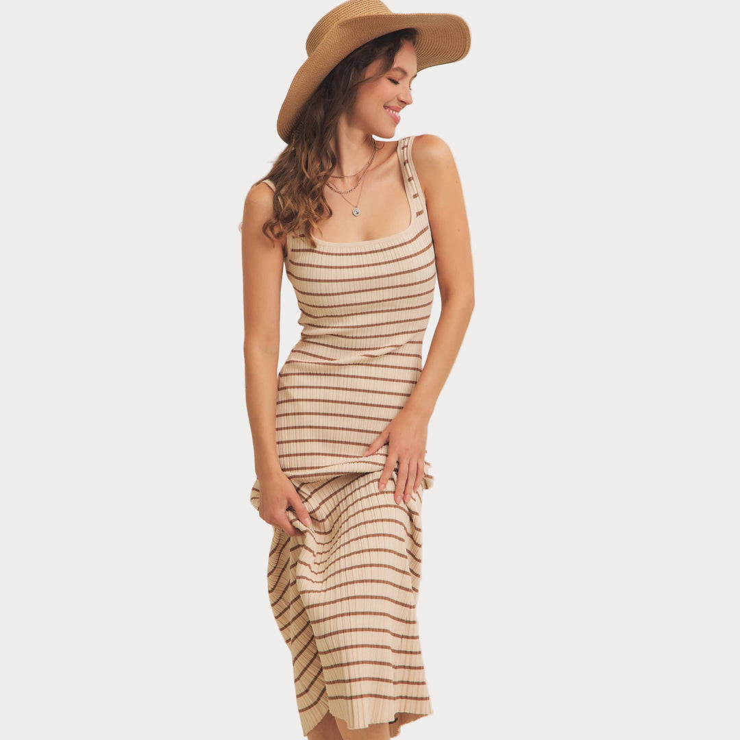Striped Ribbed Knit Dress | Cream & Brown Midi Sweater Dress