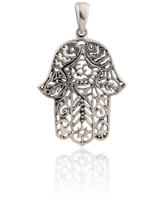 Detailed Hamsa Hand Pendant, Oxidized Finish