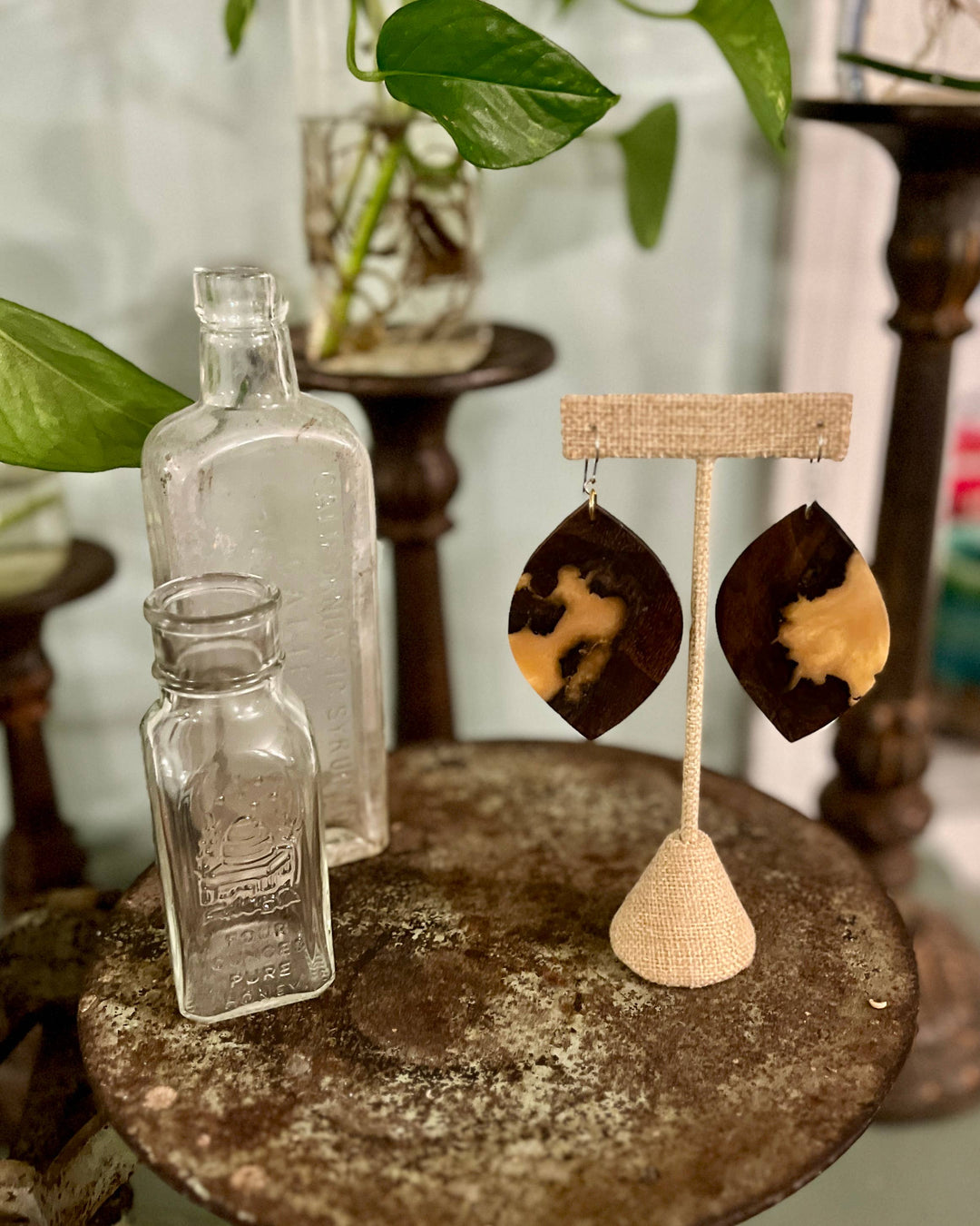 Handcrafted Ember & Walnut Earrings featuring rich walnut wood grain, warm amber resin accents, and hypoallergenic stainless-steel hooks.
