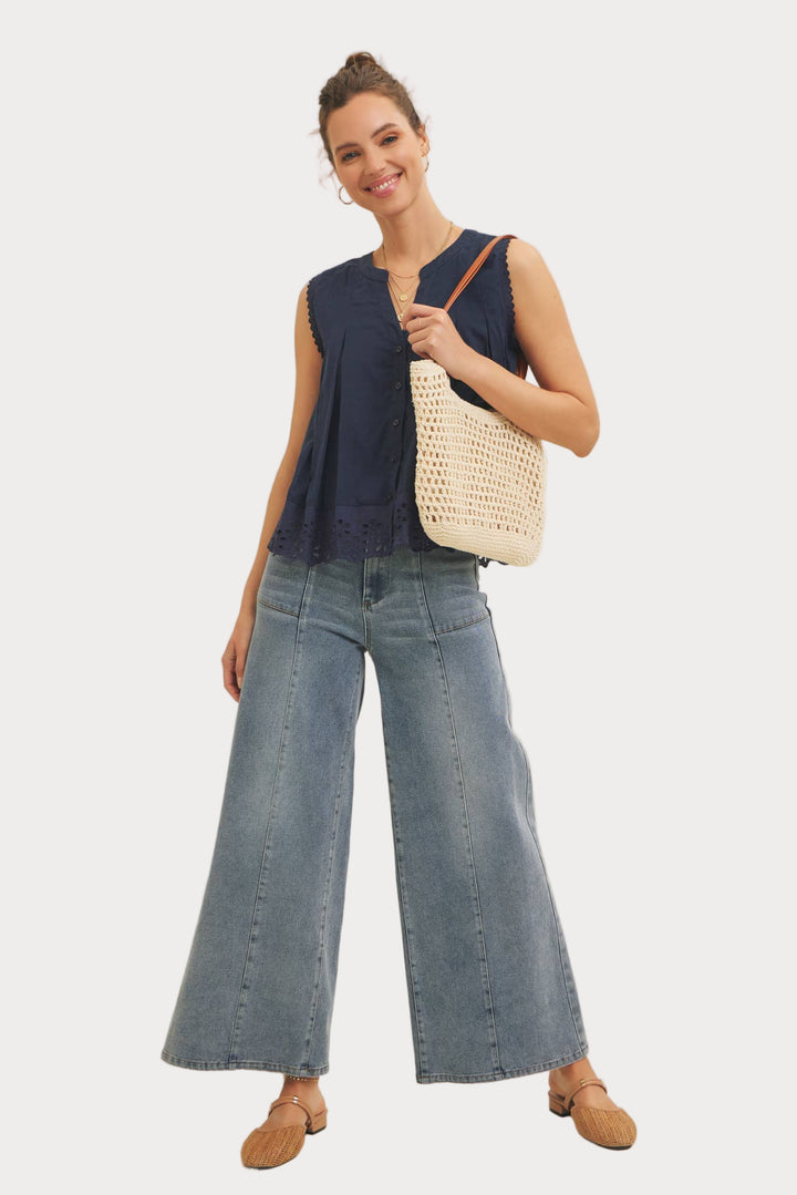 Eyelet Sleeveless Blouse | Button-Front Tank Top