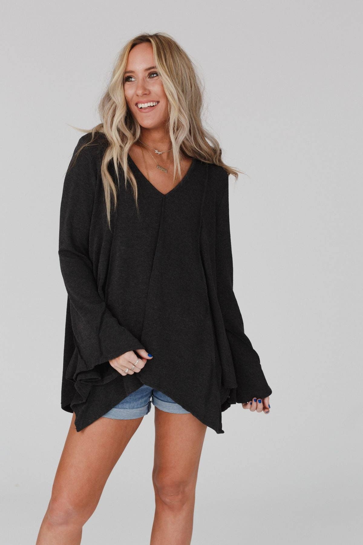 Golden Hour Long Bell Sleeve Top - Charcoal