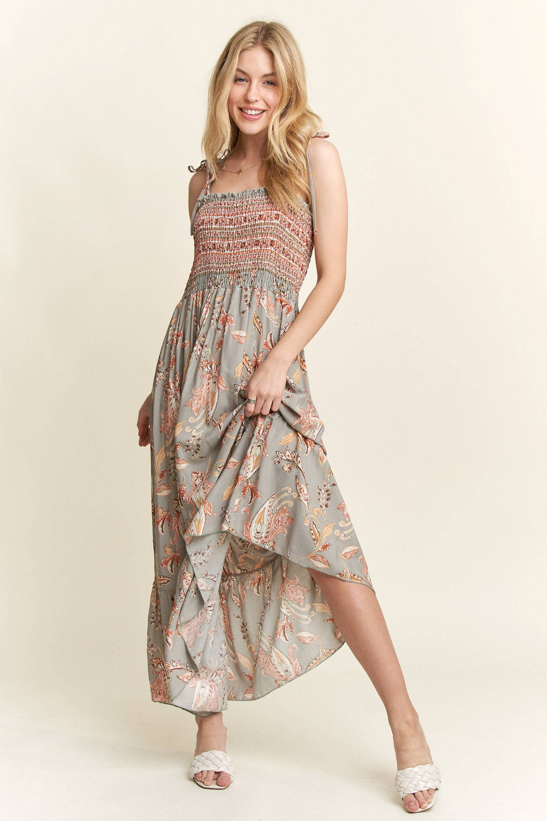 Boho maxi dress with paisley print and smocked bodice
