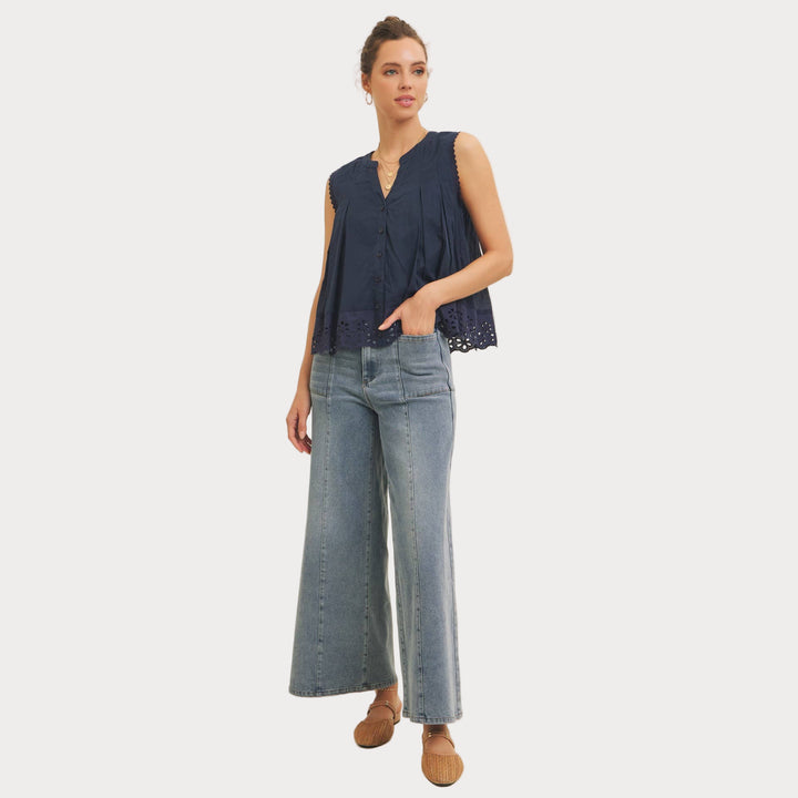 Eyelet Sleeveless Blouse | Button-Front Tank Top