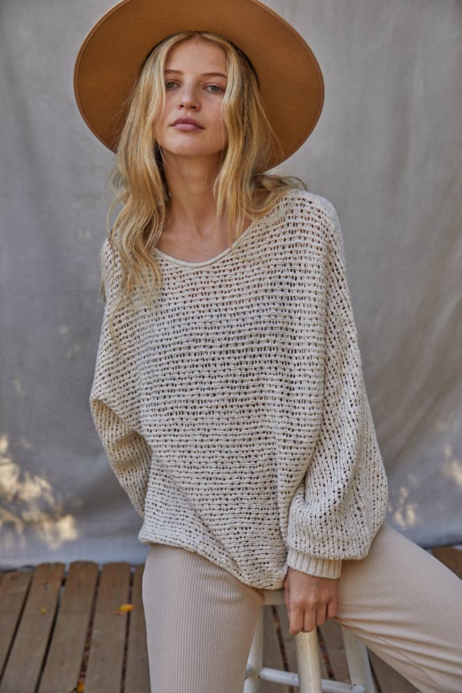 W1106 | Sweater Knit Crochet Round Neck Long Sleeve Top