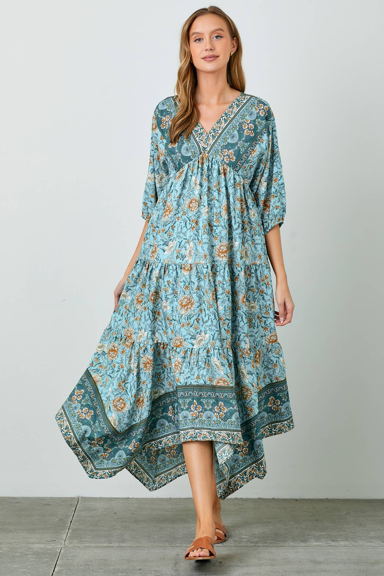 BORDER PRINT TIERED HANKY HEM MAXI DRESS