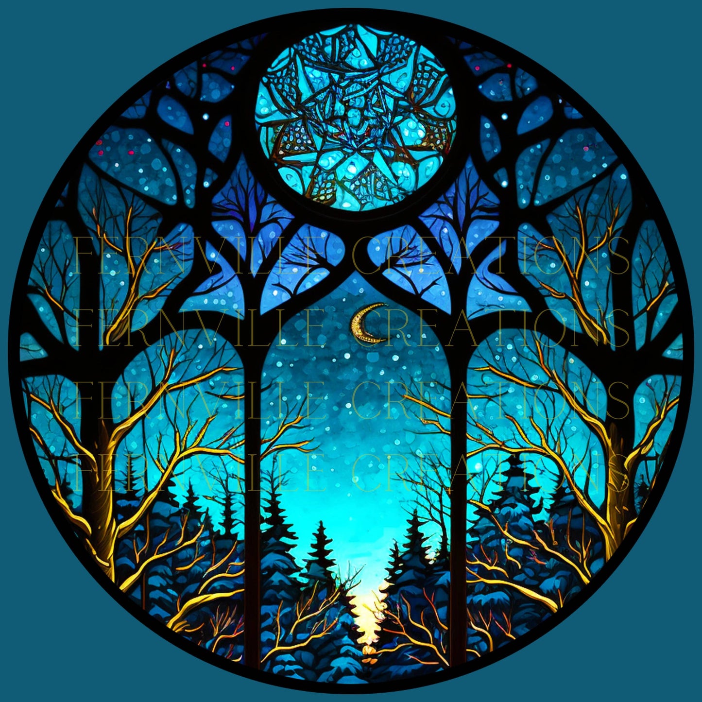 Winter Night Ceramic Ornament with Stained Glass Design