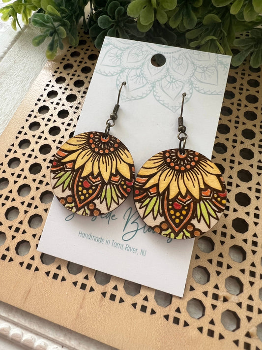 Wooden Earrings - Sunflower Mandala