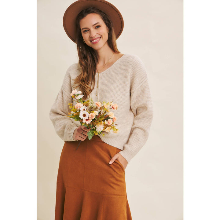 KIND TO PLANET WAFFLE SWEATER TOP WITH EXPOSED SEAM