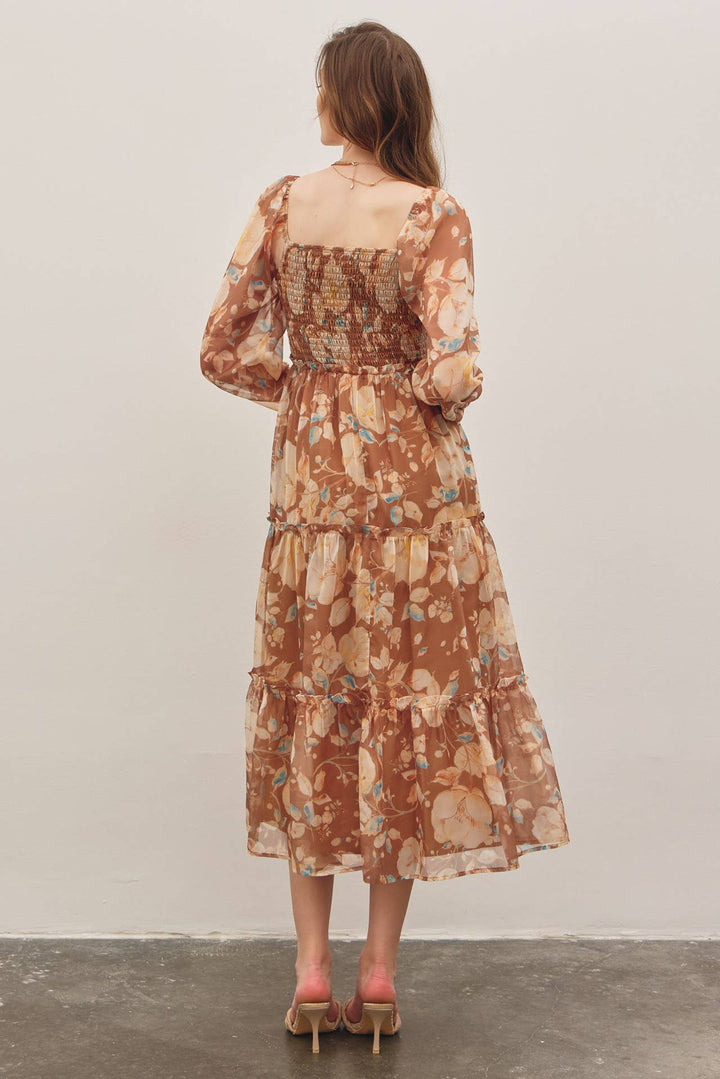 Floral Square Neck Dress w/ Balloon Sleeve