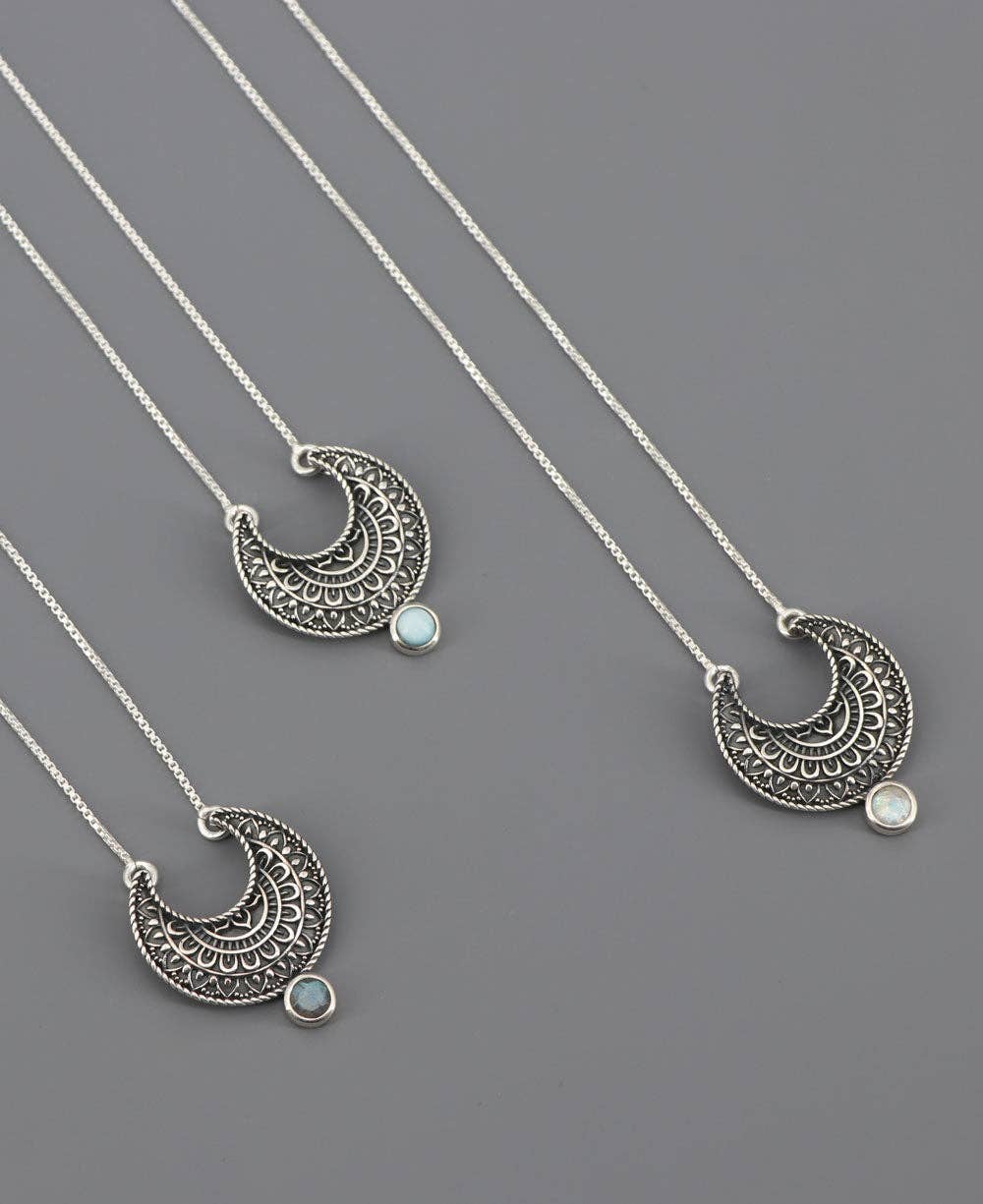 Sterling Silver Moon Phase Mandala Art Gemstone Inspirational Necklace