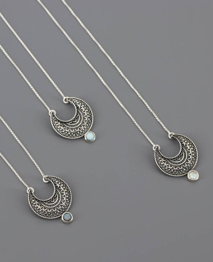 Sterling Silver Moon Phase Mandala Art Gemstone Inspirational Necklace