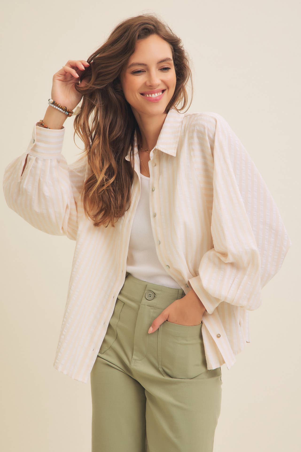 VOLUMINOUS SLEEVED BUTTON-DOWN COTTON STRIPE SHIRT