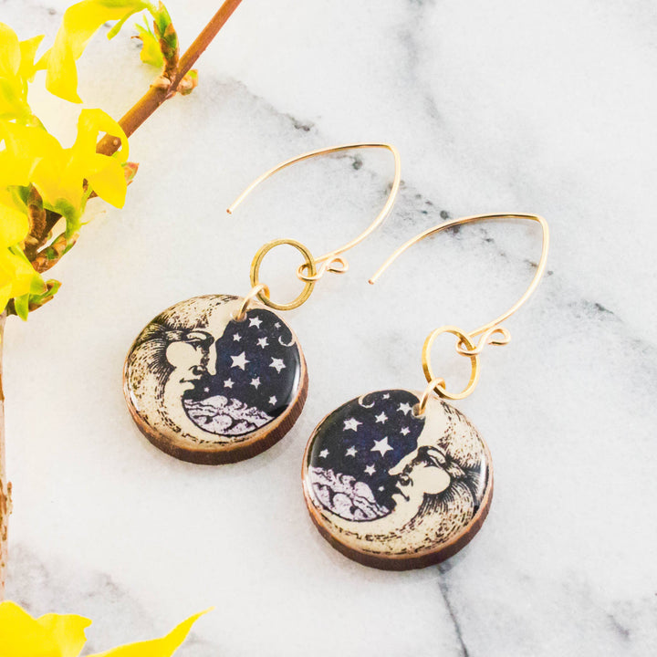 Vintage crescent man in moon and stars circle wooden earrings with brass accents and gold-filled ear wires
