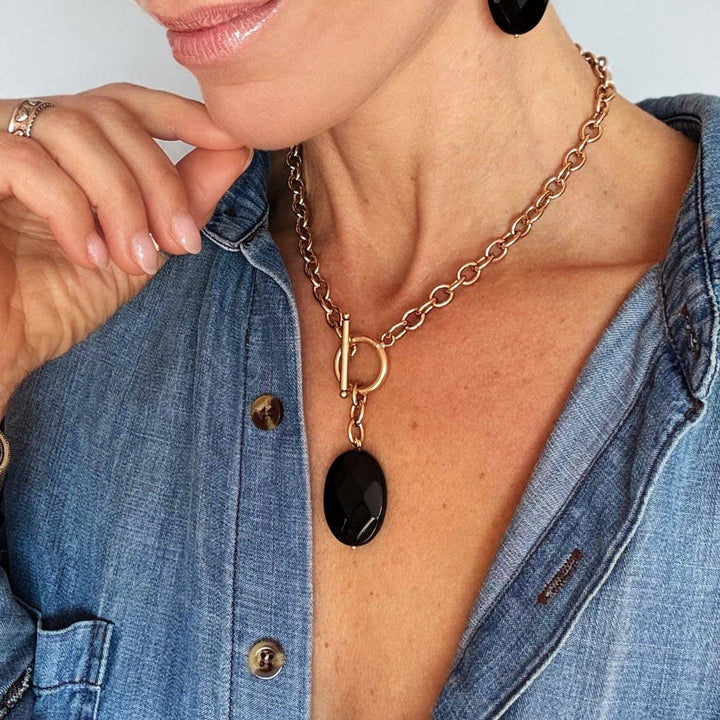 Black Onyx Toggle Choker & Huggie Earring Set
