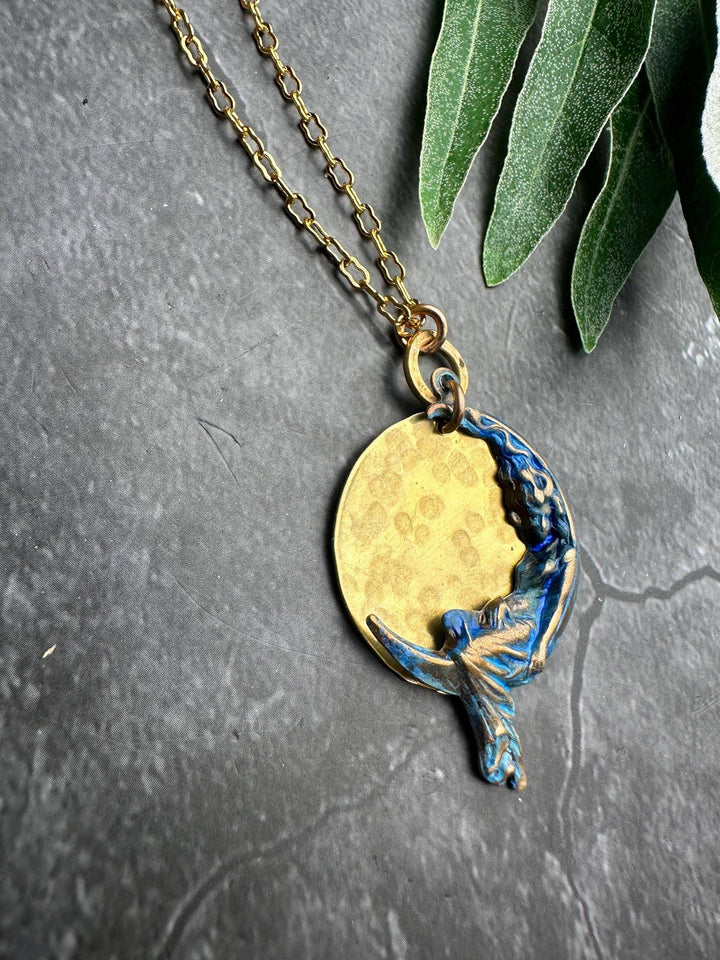 Moon Goddess Necklace, Celestial Brass Pendant with Blue Pat