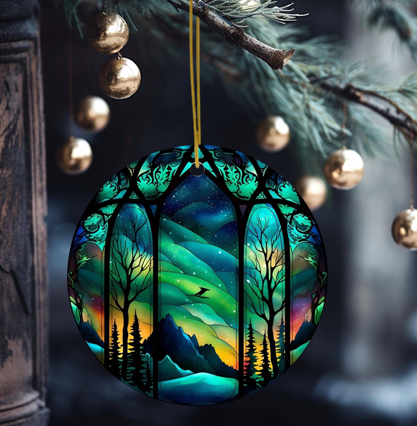 Northern Lights Stained Glass Christmas Tree Ornament