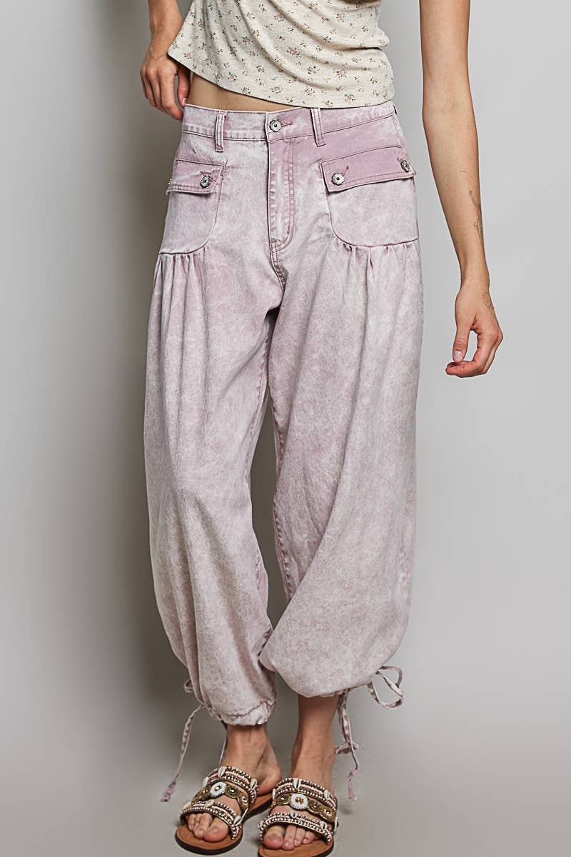 Floral Buttons Shirred Twill Wide Leg Jogger Pants