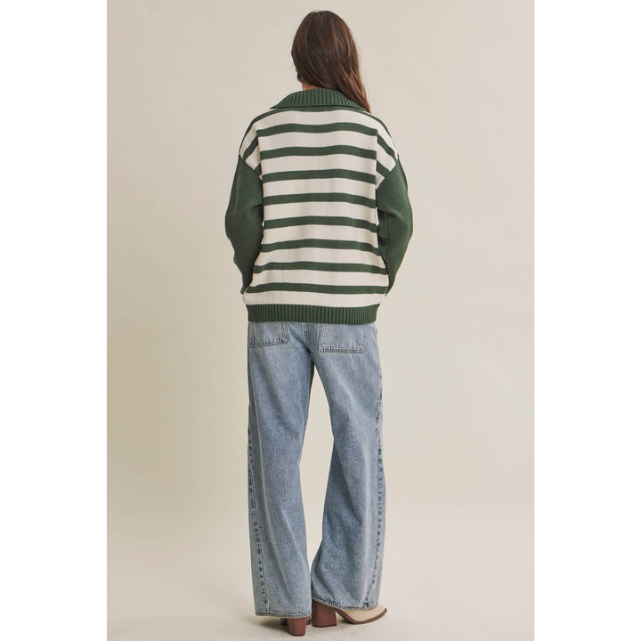 EVERGREEN DAYS CLASSIC HALF ZIP STRIPE PULLOVER SWEATER