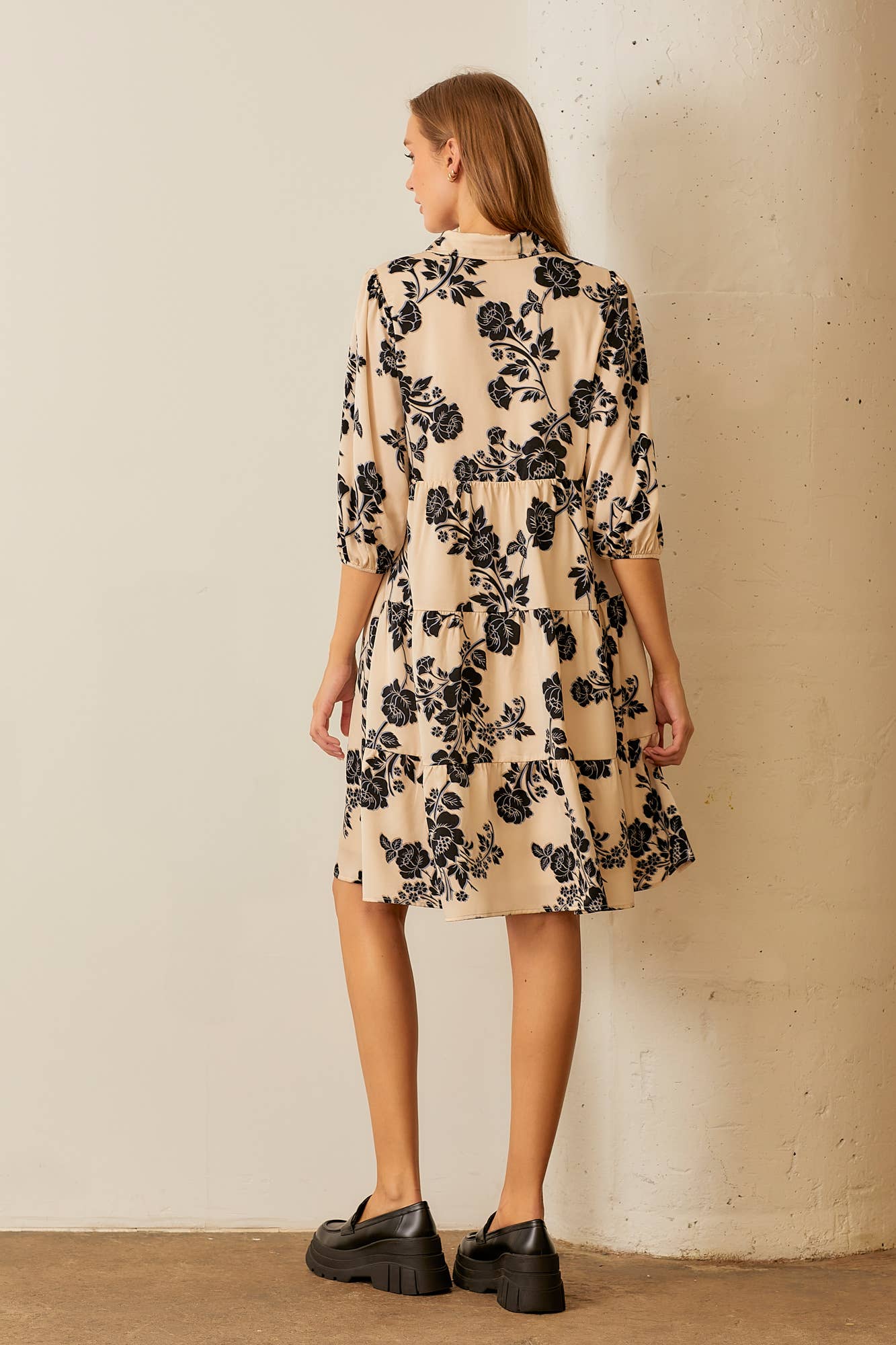 Floral Print Tiered  Button Up Midi Dress