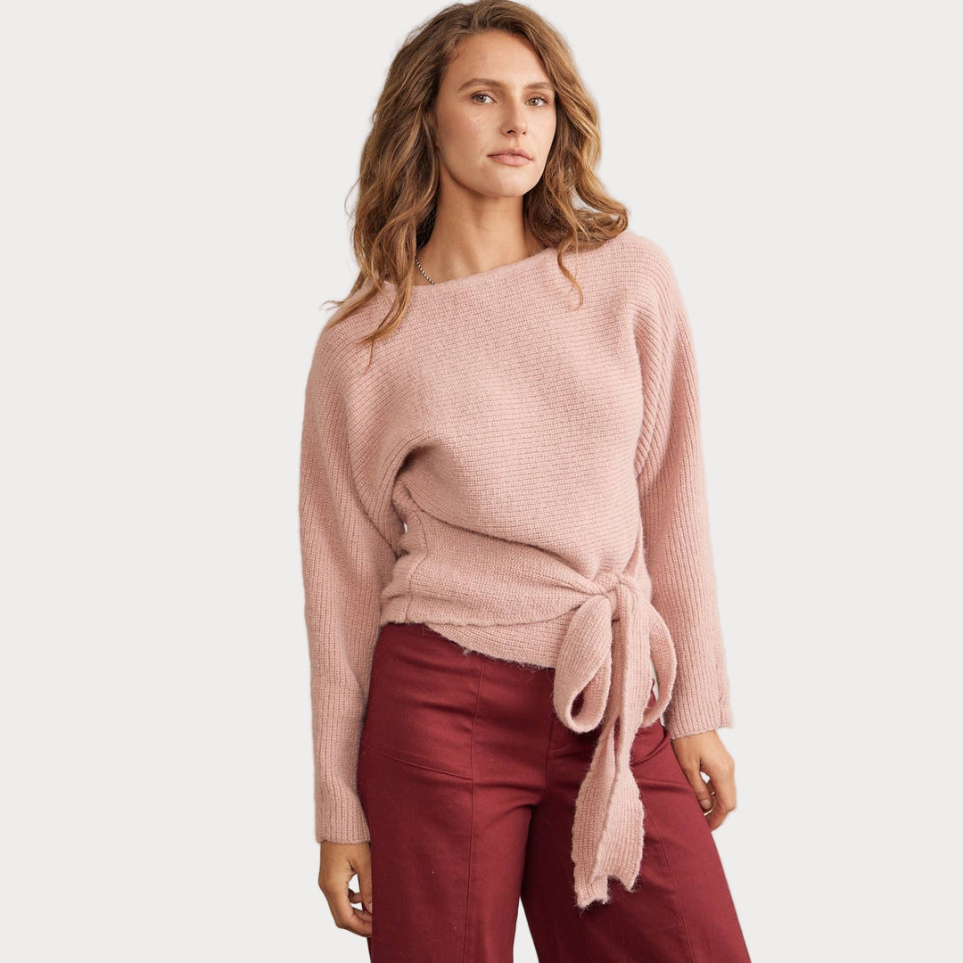 Blush Pink Tie-Front Sweater | Cozy Crewneck Knit Sweater