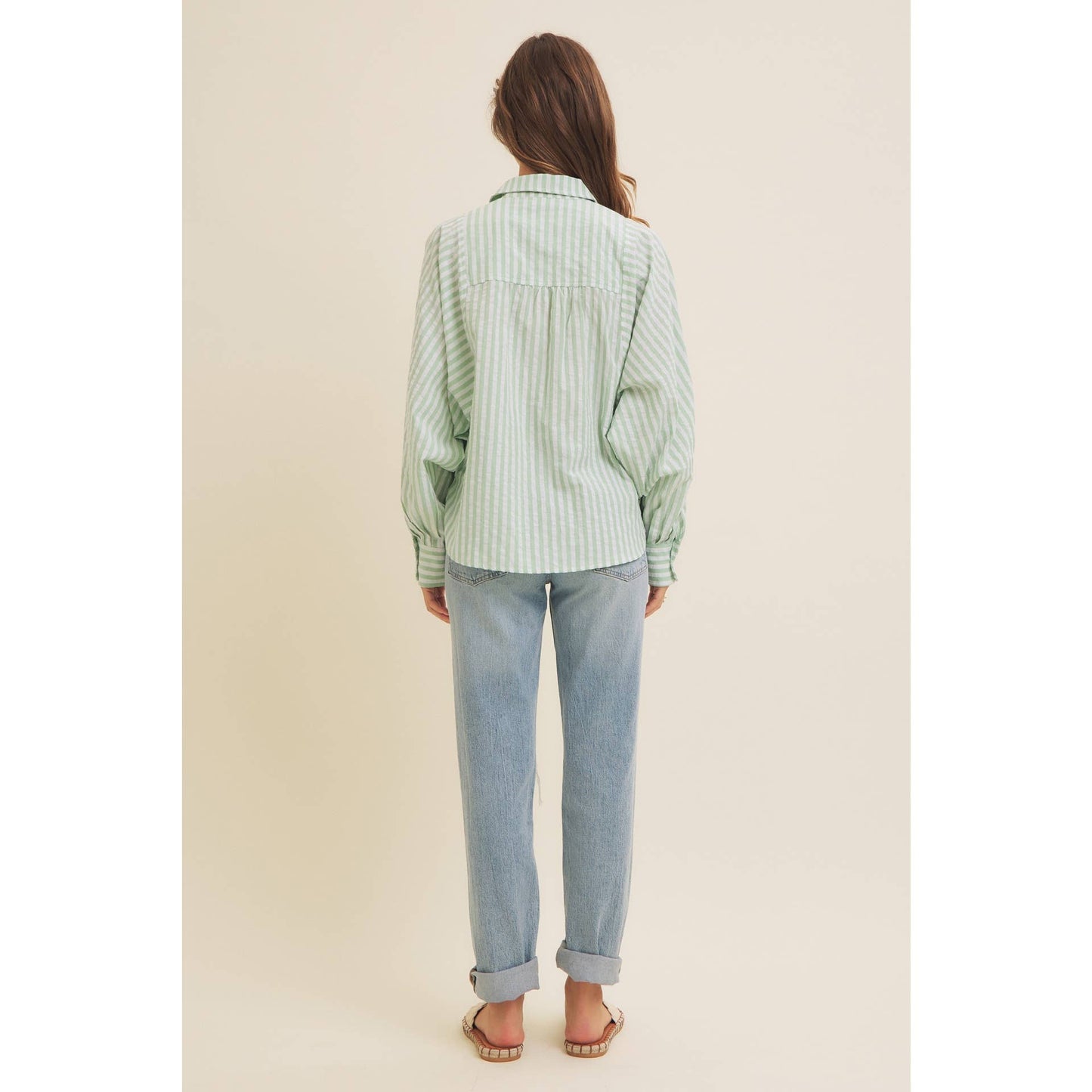 VOLUMINOUS SLEEVED BUTTON-DOWN COTTON STRIPE SHIRT