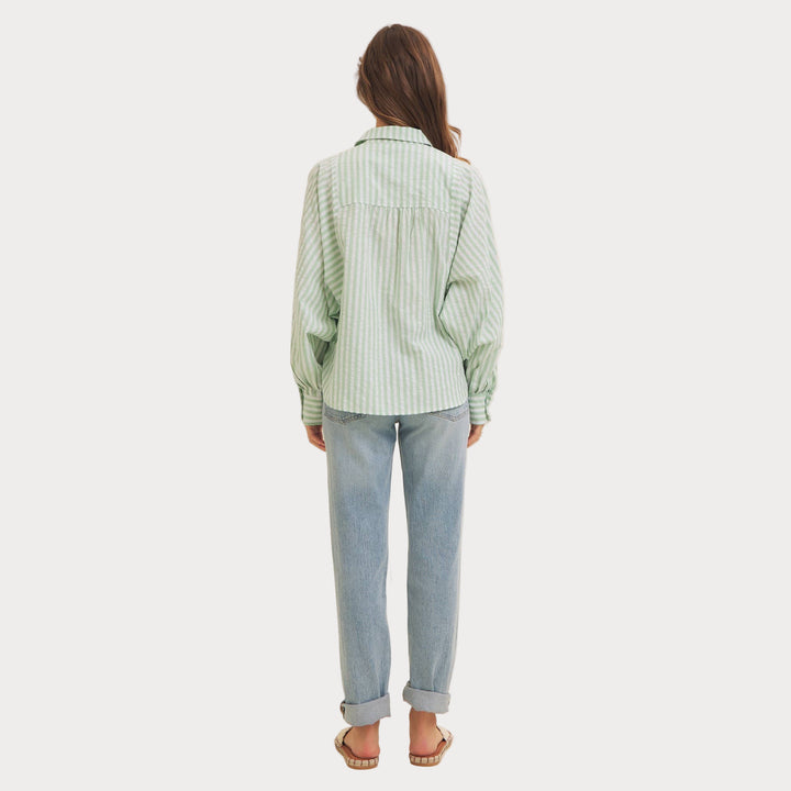 Striped Balloon Sleeve Blouse | Women's Relaxed Fit Button-Up