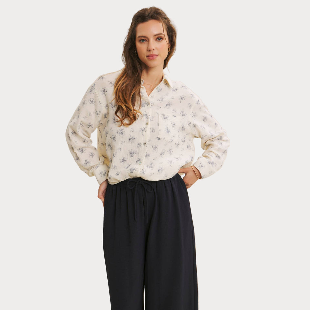 Airy Cotton Gauze Floral Shirt | Relaxed Oversized Button-Down