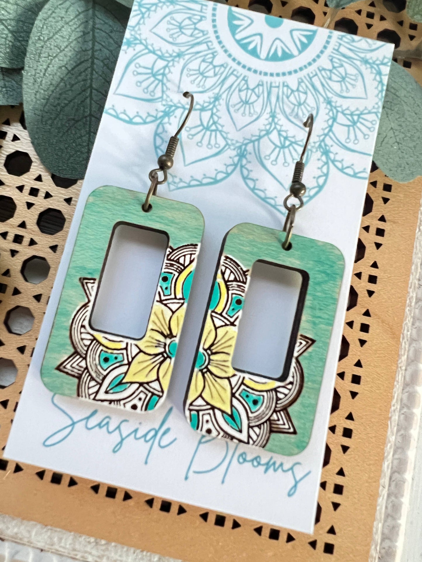 Wooden Earrings - Rectangle Aqua & Yellow Mandala